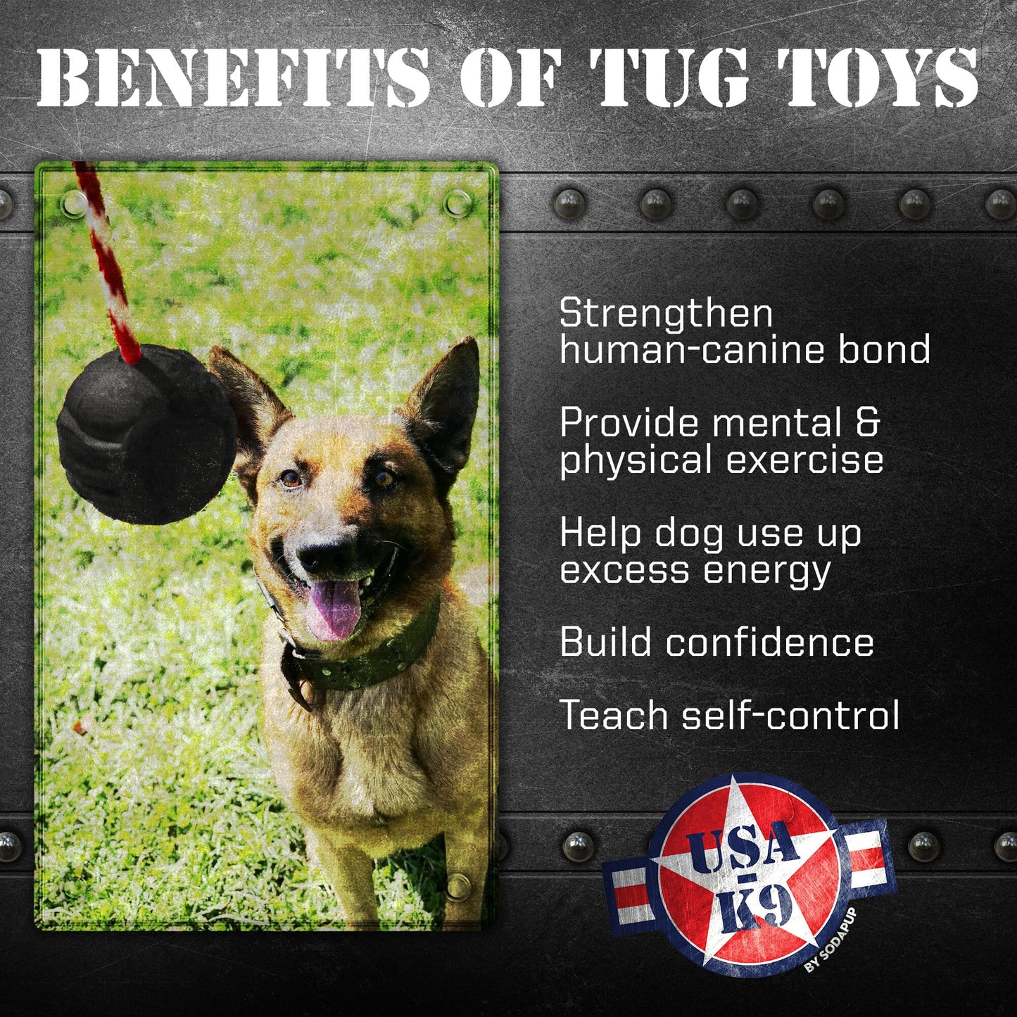 USA-K9 Magnum Black Stars and Stripes Ultra-Durable Rubber Chew Toy, Reward Toy, Tug Toy, and Retrieving Toy - Black