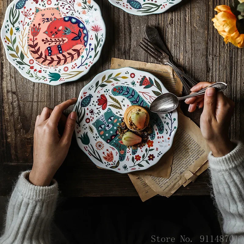 Ceramic 8 Inch Round Dishes, Cat Patterned