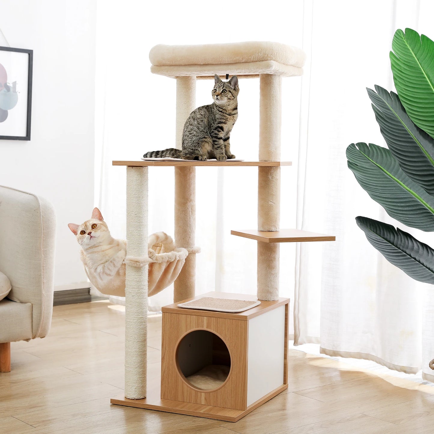 Modern Wooden Cat Tree Scratching Post Multi-Level Tower