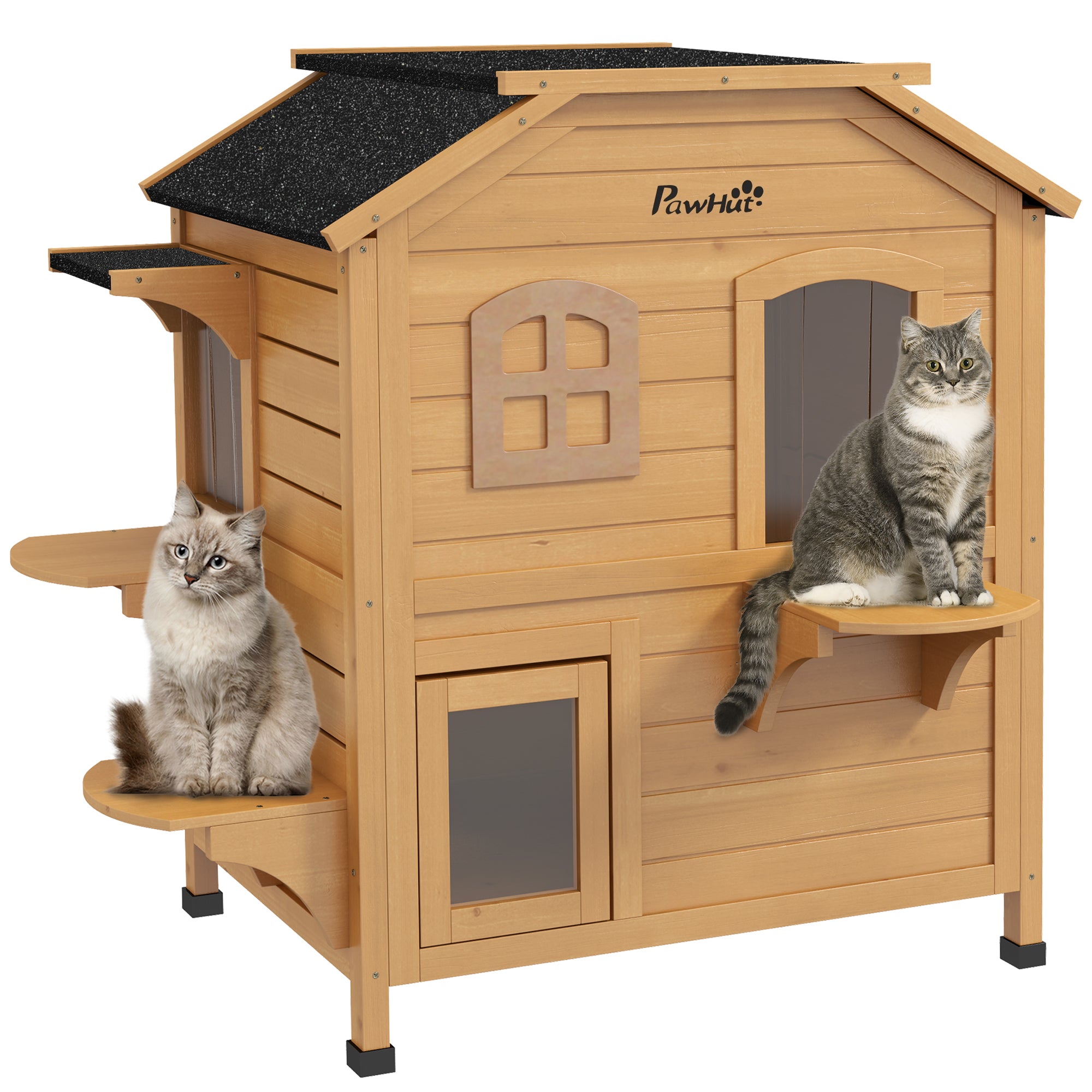 2-Story Wooden Outdoor Feral Cat Shelter With Escape Door Asphalt Roof