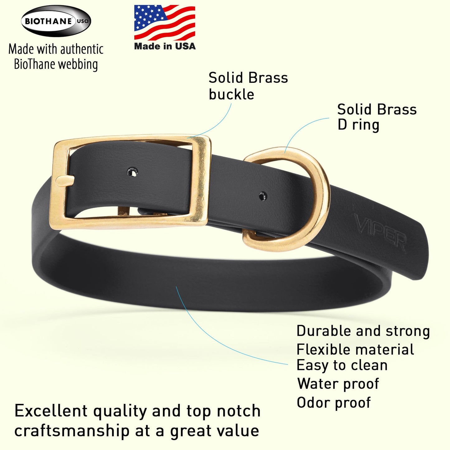 Viper Biothane Waterproof Dog Collar - Brass Hardware - Size L (18" - 22")