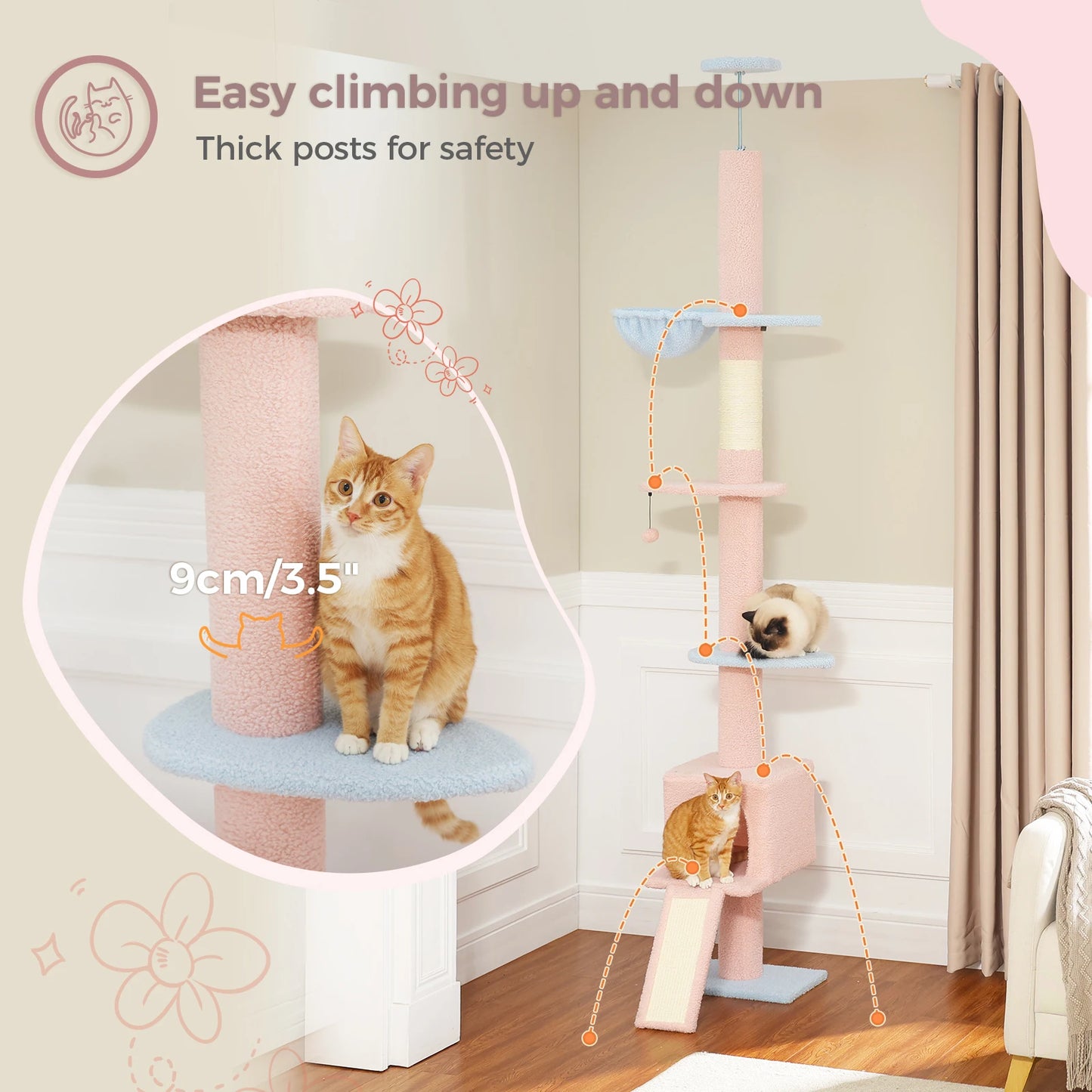 Adjustable 210-274CM Floor to Ceiling Cat Tower 5 Tiers
