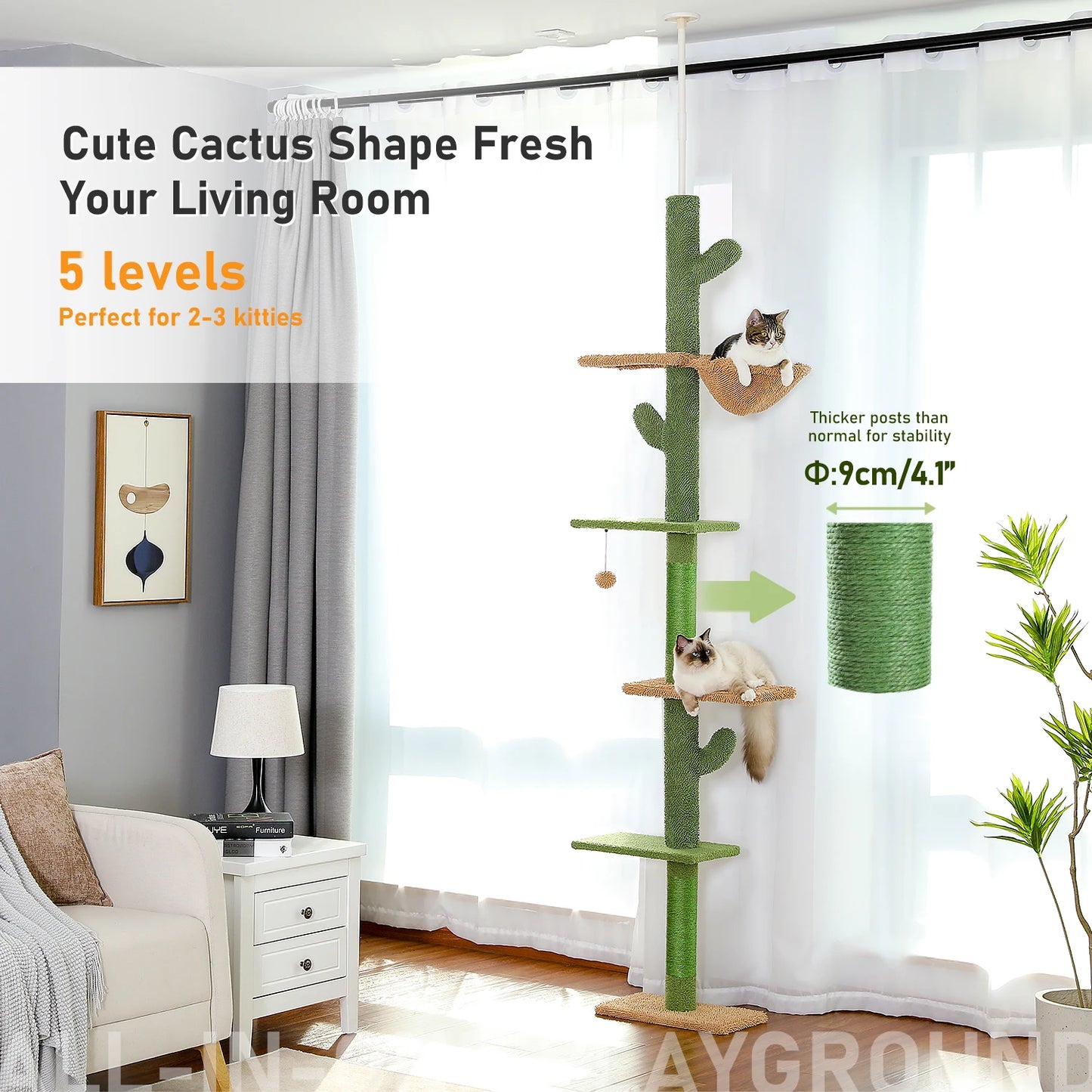 Adjustable 228-274cm Height Floor-to-Ceiling Vertical Cat Climbing Tree