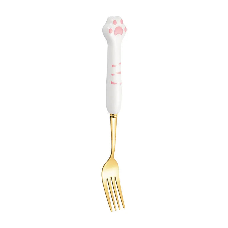 Stainless Steel Cute Cat Claw Ceramic Spoon and Fork