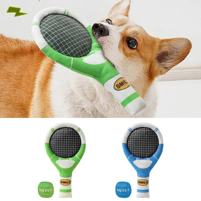 Squeaky Plush Dog Chew Toy Tennis Racket and Ball