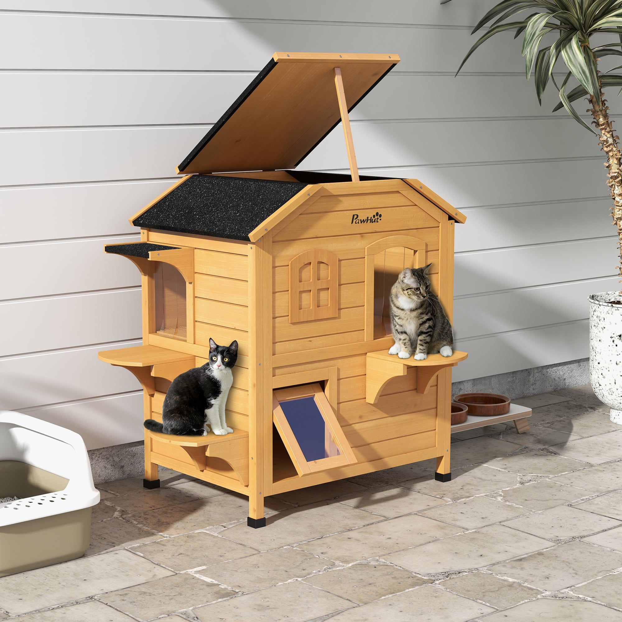 2-Story Wooden Outdoor Feral Cat Shelter With Escape Door Asphalt Roof