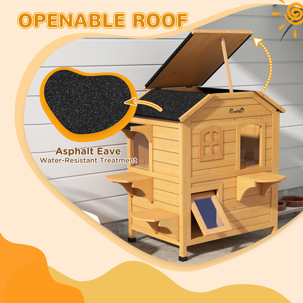 2-Story Wooden Outdoor Feral Cat Shelter With Escape Door Asphalt Roof