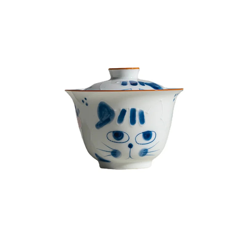 Hand-painted Blue Cat Ceramic Bowl and Tea Set