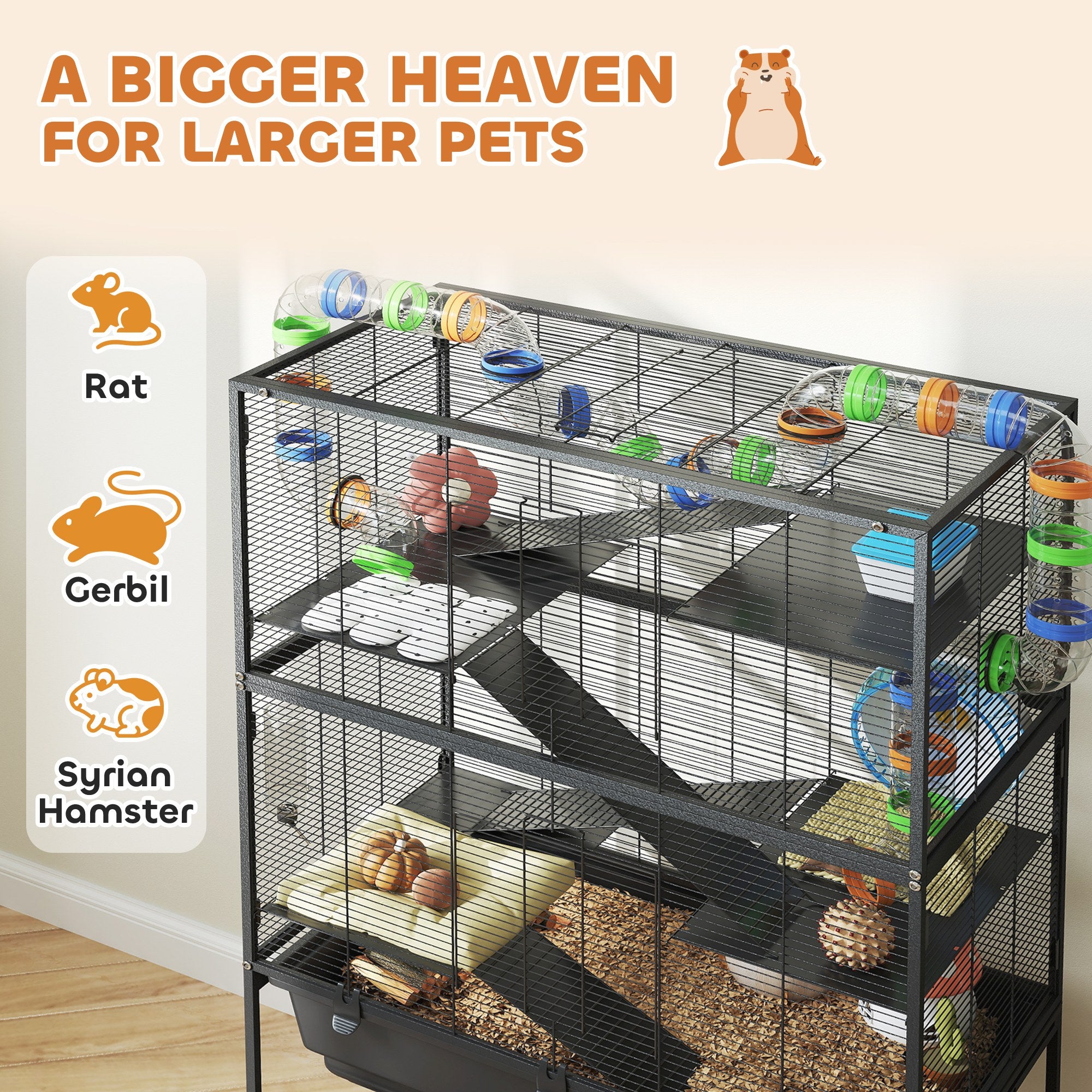 5 Tier Rolling Hamster Cage with Deep Tray, Storage Shelf, Big Exercise Wheel, Hut, Tube System