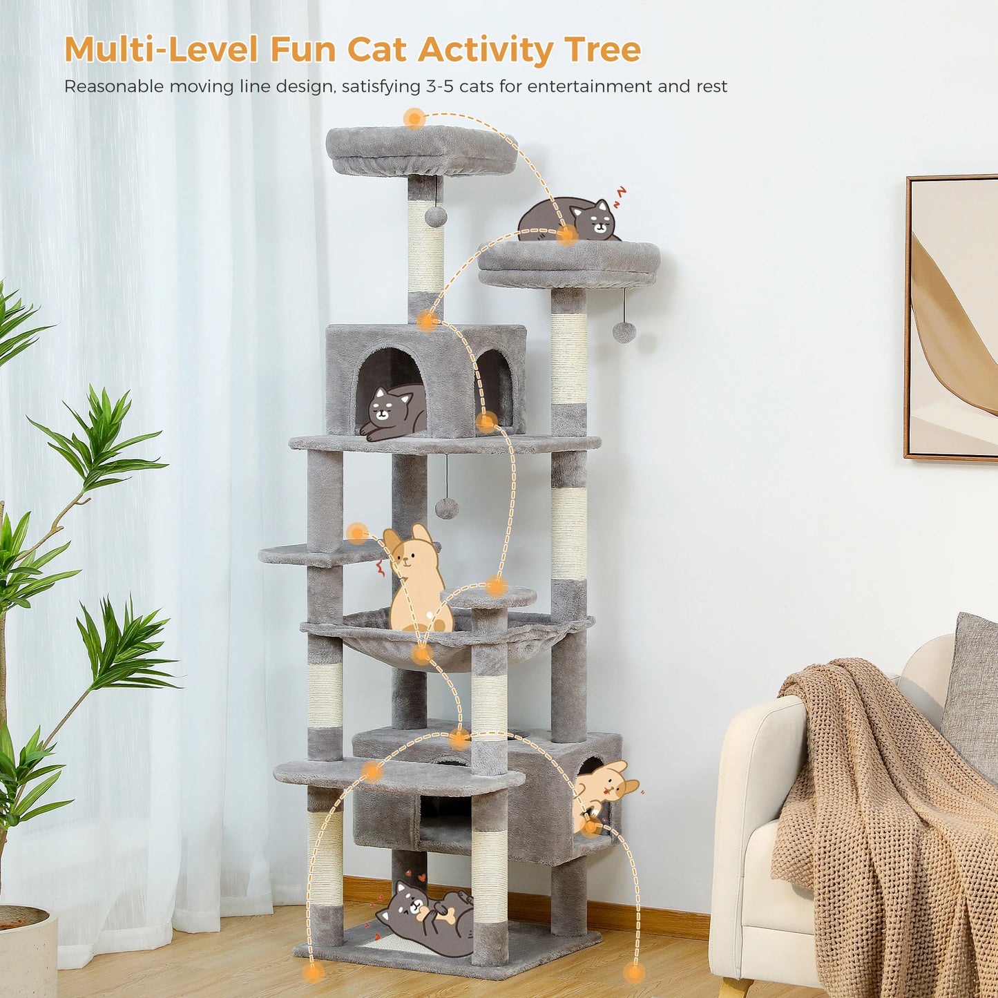 Large Cat Tree Tower With Sisal-Covered Scratching Posts