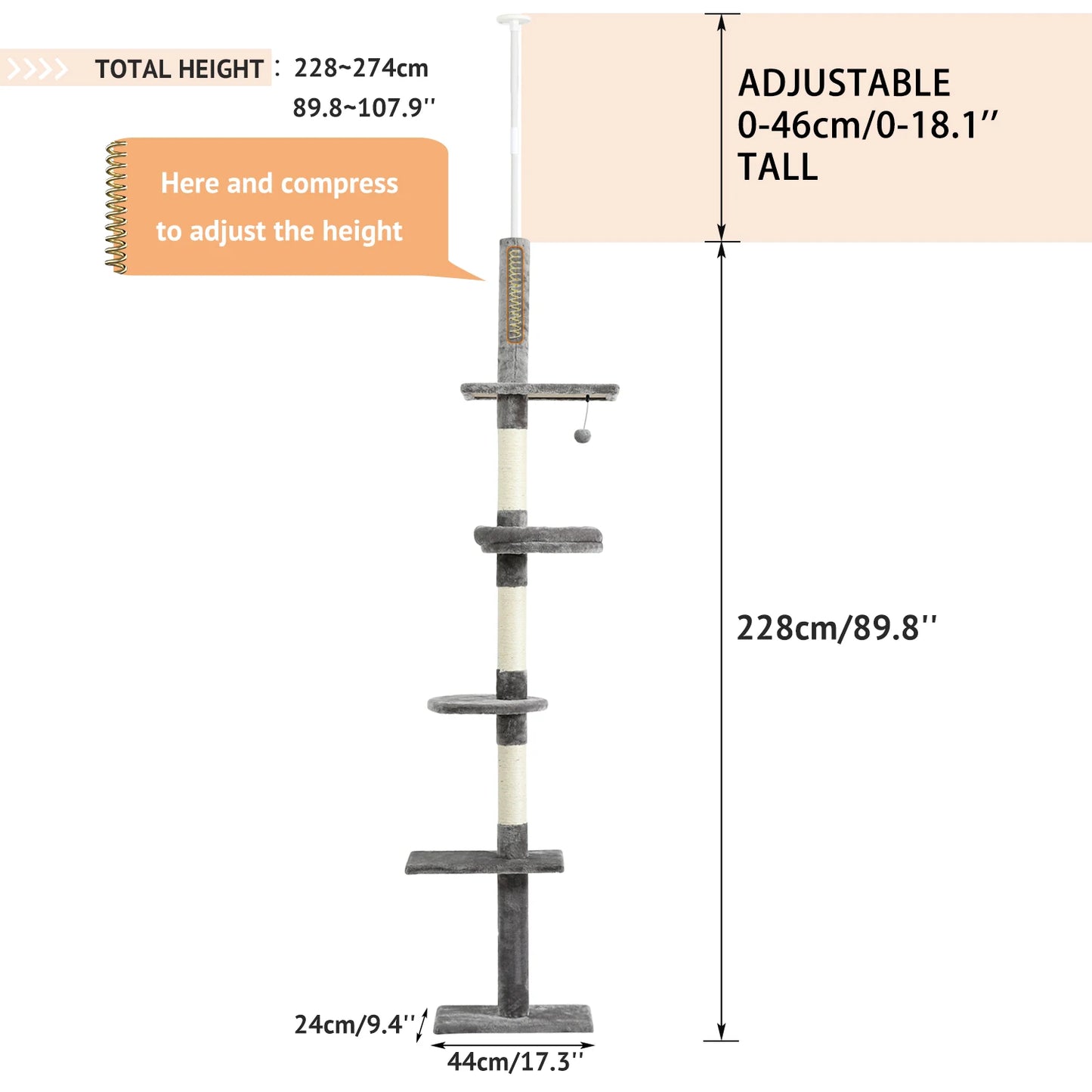 Adjustable 228-274cm Height Floor-to-Ceiling Vertical Cat Climbing Tree