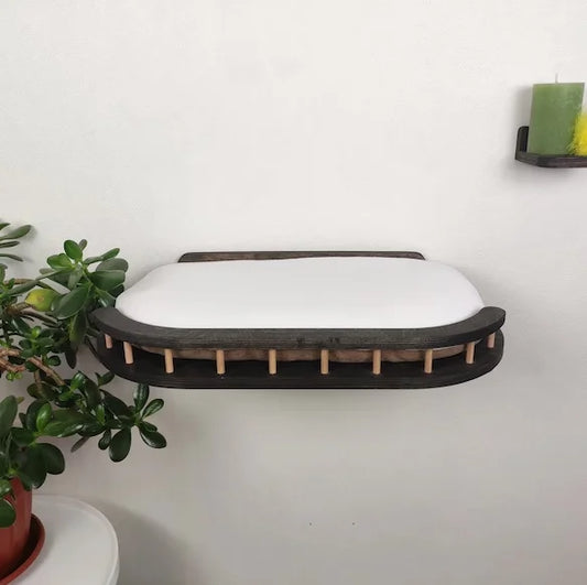 Rustic Wood Wall Mounted Floating Cat Shelf With Mat