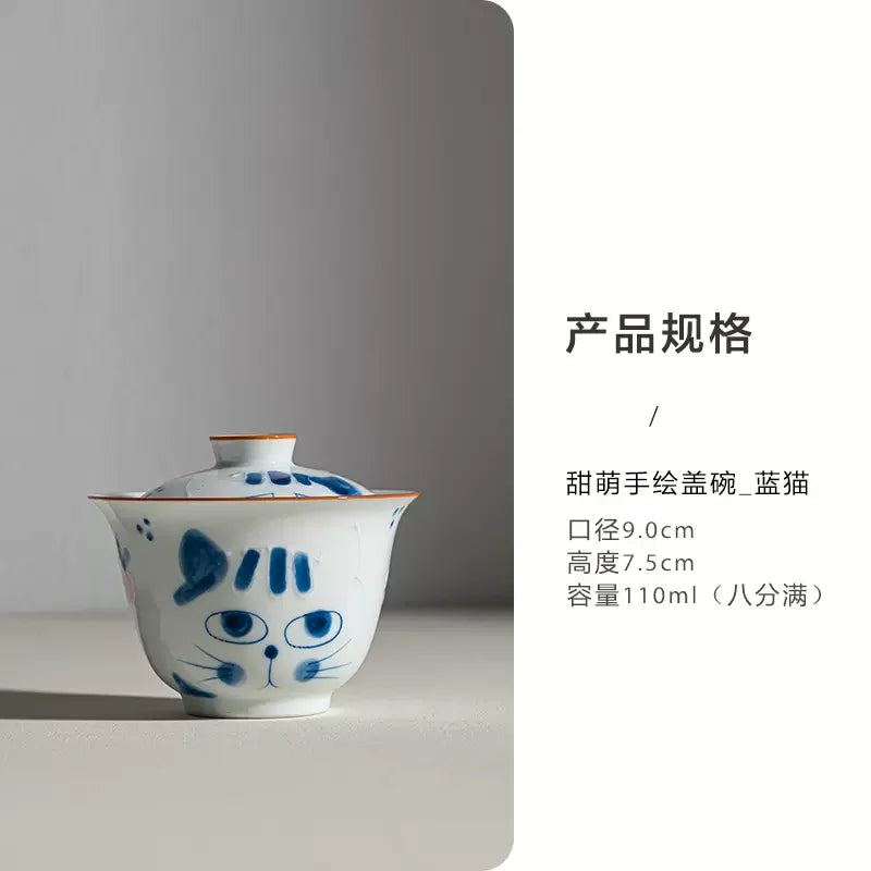 Hand-painted Blue Cat Ceramic Bowl and Tea Set