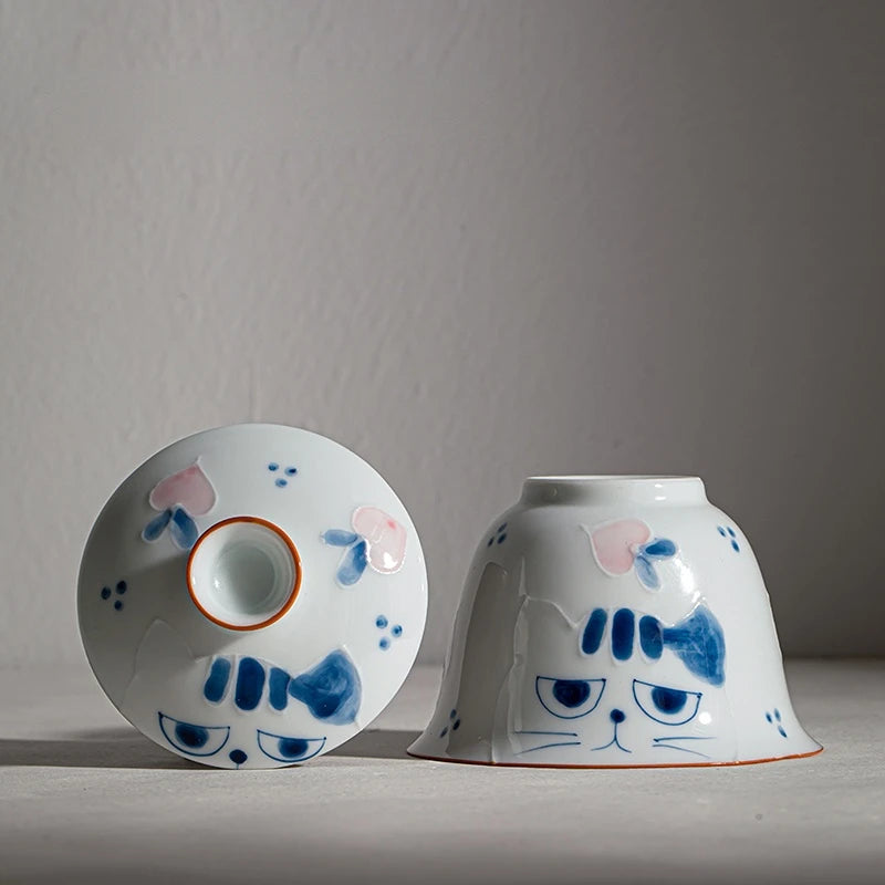 Hand-painted Blue Cat Ceramic Bowl and Tea Set