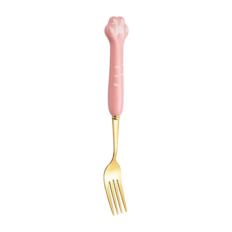 Stainless Steel Cute Cat Claw Ceramic Spoon and Fork