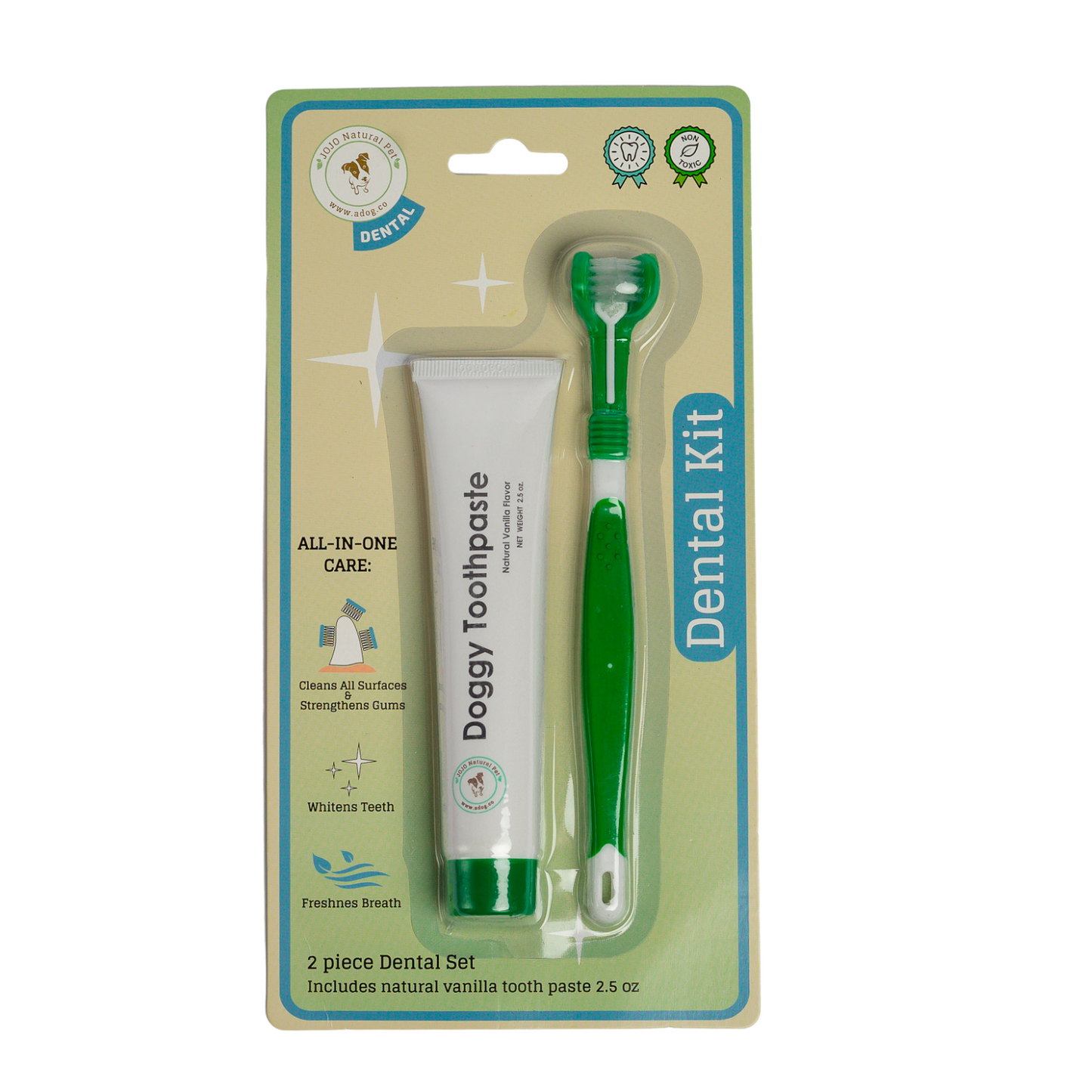 Triple Headed Dog Toothbrush with All-Natural Toothpaste Kit – 2-Piece Kit