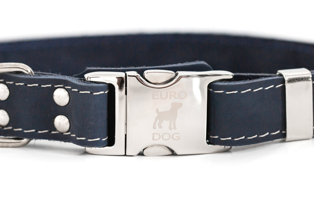 Pro Line Quick-Release Blue Jeans Leather Dog Collar with Metal Buckle