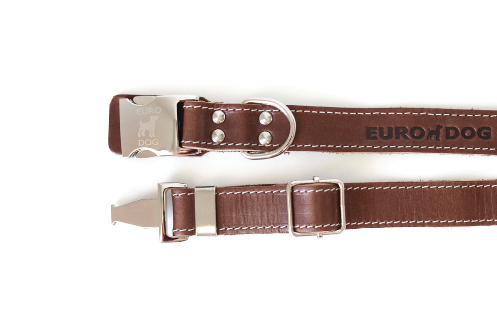 Pro Line Quick-Release Chocolate Leather Dog Collar with Metal Buckle