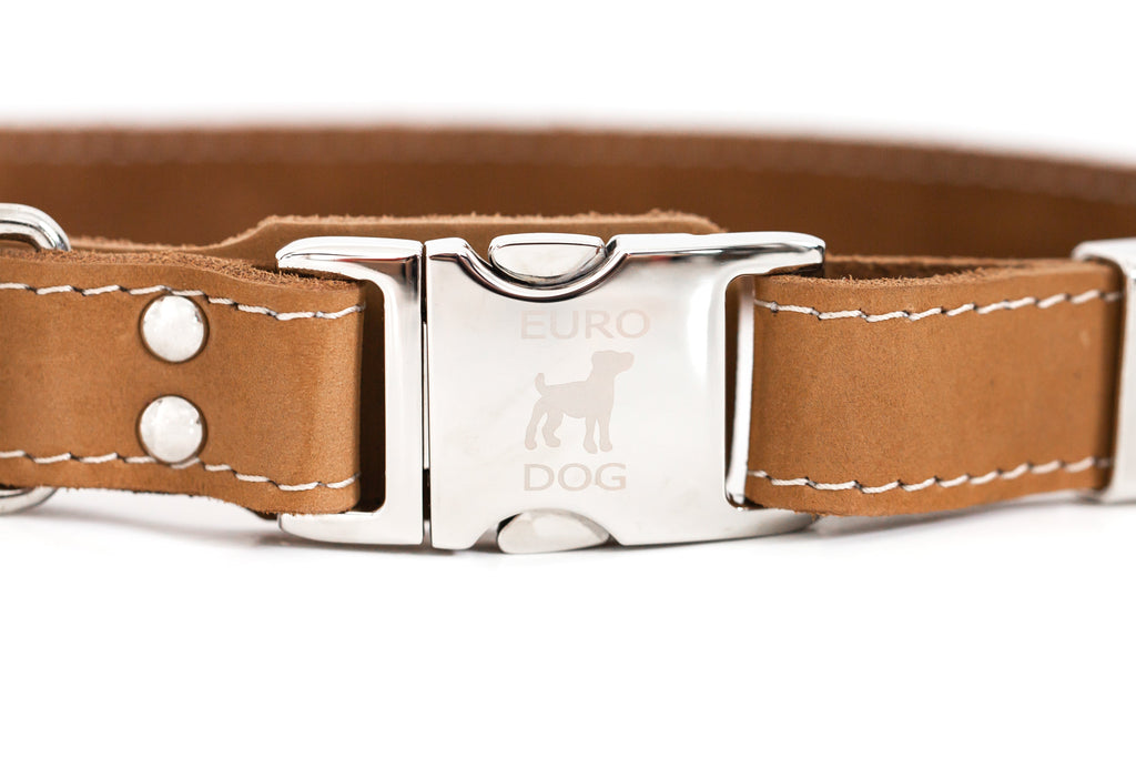 Pro Line Quick-Release Khaki Leather Dog Collar with Metal Buckle