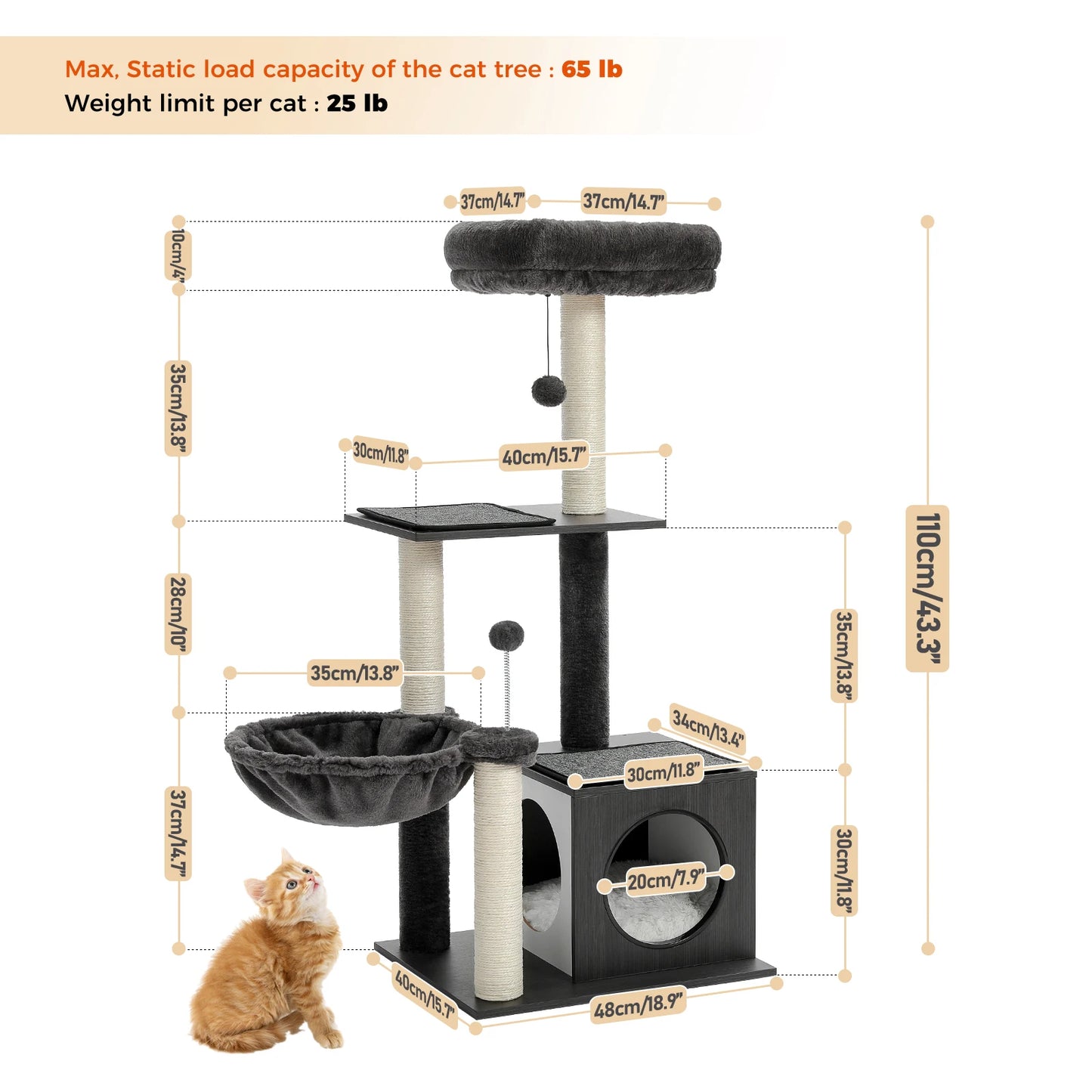 Modern Wooden Cat Tree Scratching Post Multi-Level Tower