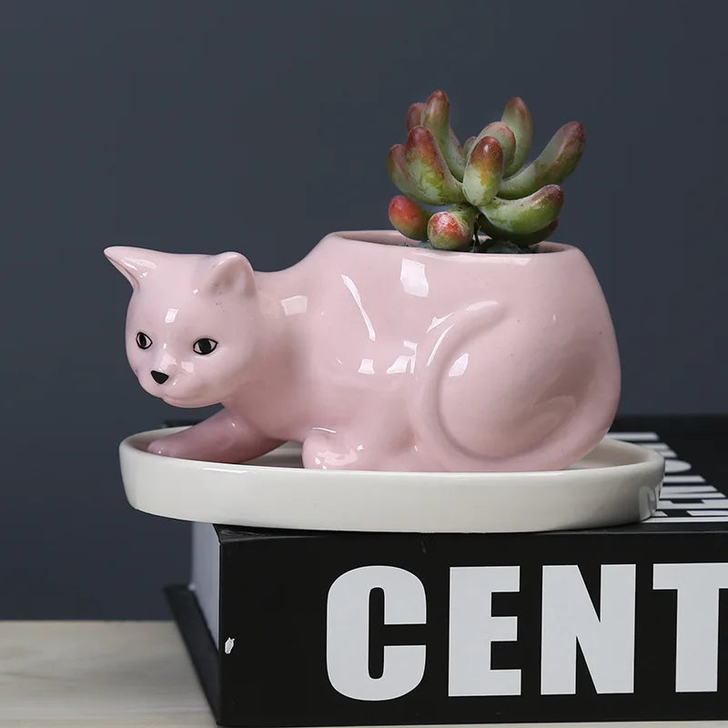 White Ceramic Cat Flower Pot with Tray