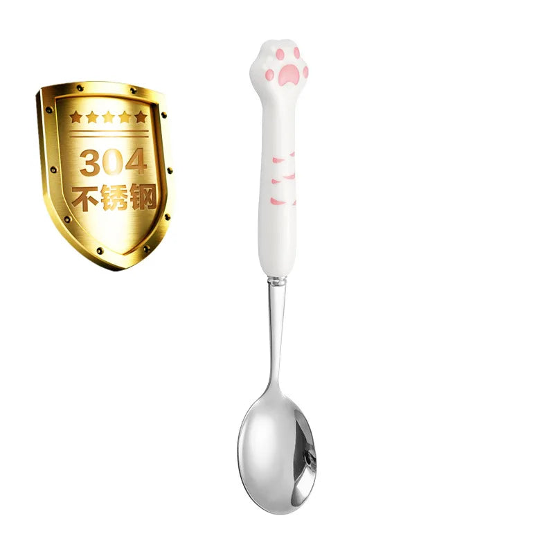 Stainless Steel Cute Cat Claw Ceramic Spoon and Fork