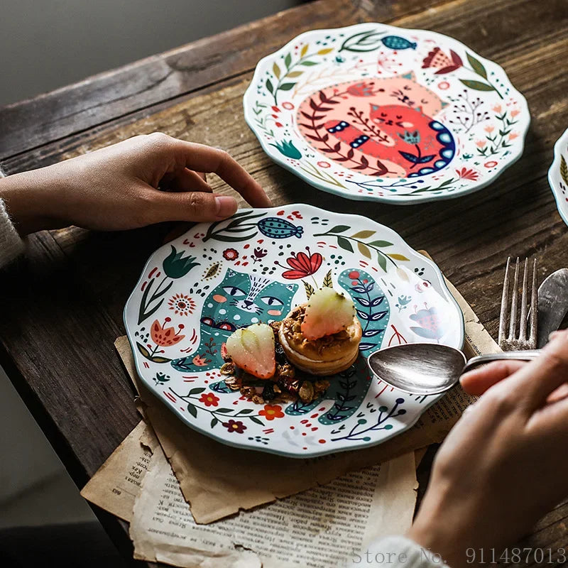 Ceramic 8 Inch Round Dishes, Cat Patterned