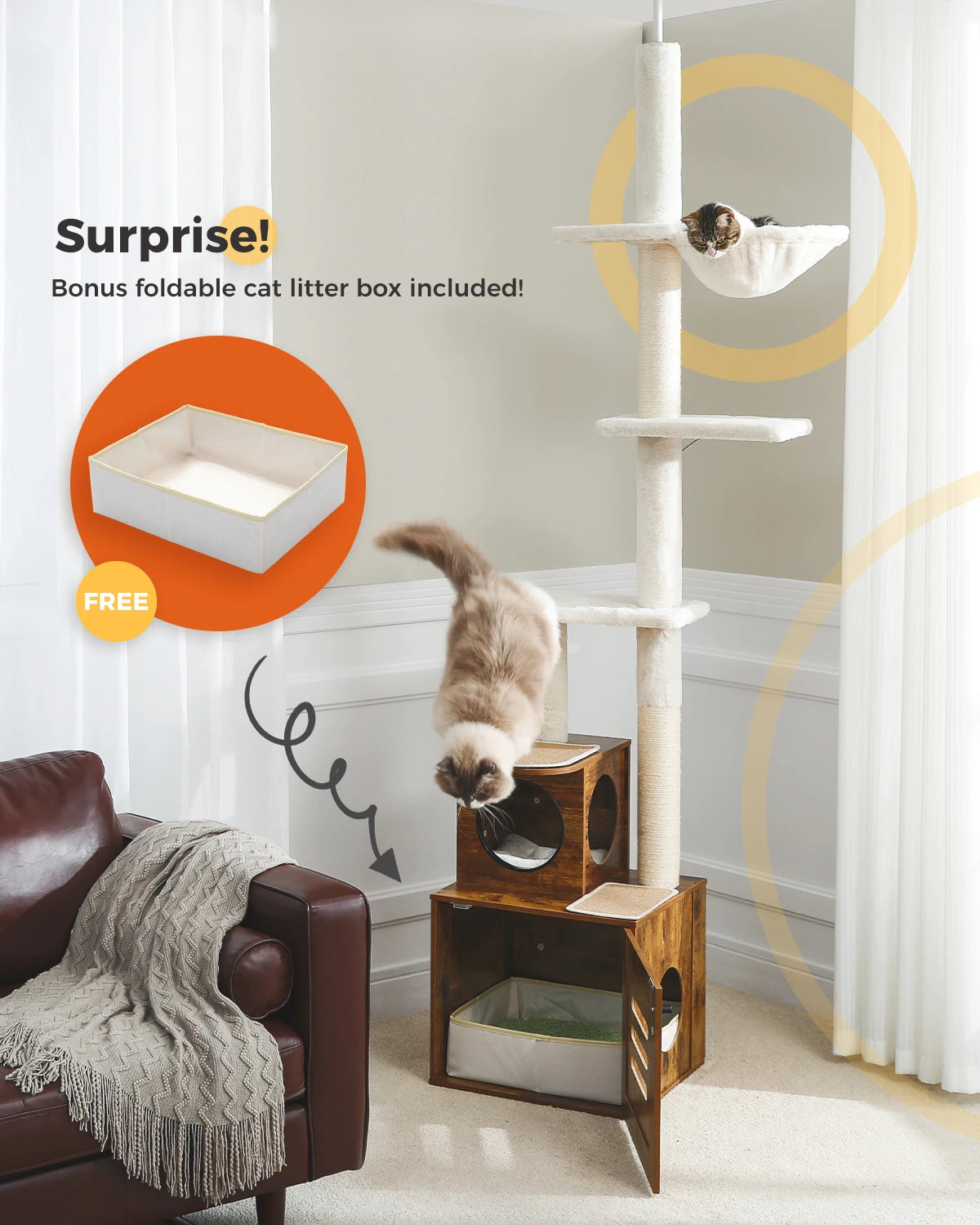 Tall Cat Tree Tower with Scratching Post Cozy Condo House and Litter Box Enclosure