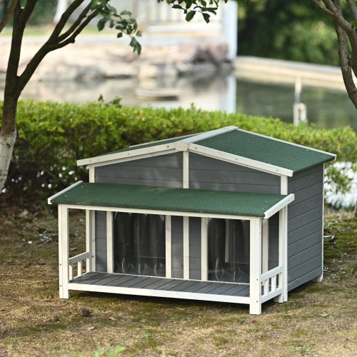 Large Wooden Dog House Outdoor With Porch, 2 Doors, Gray And Green