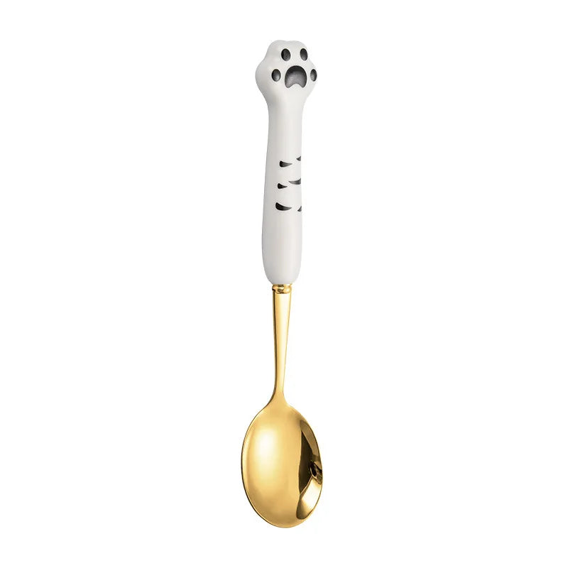 Stainless Steel Cute Cat Claw Ceramic Spoon and Fork