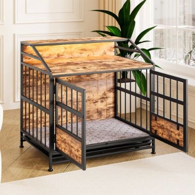 Multi-function Furniture Style Dog Crates With Storage, Dog Crate Furniture Large Wooden Dog Kennel With Double Doors, For Large Medium Dog Indoor, Brown