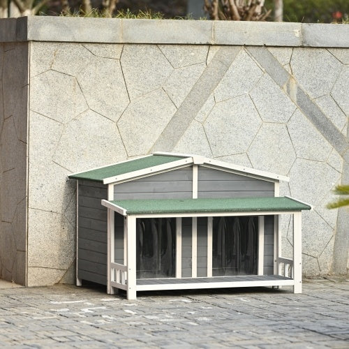 Large Wooden Dog House Outdoor With Porch, 2 Doors, Gray And Green