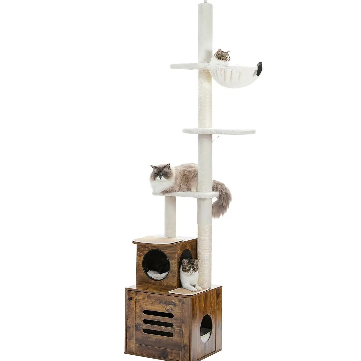 Tall Cat Tree Tower with Scratching Post Cozy Condo House and Litter Box Enclosure