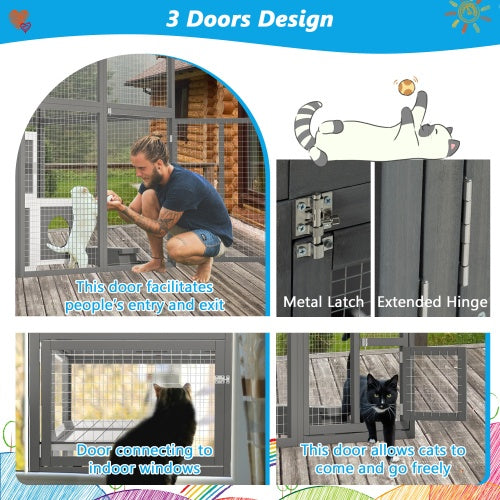 Outdoor Wooden Cat Catio Playpen With 2 Jumping Platforms