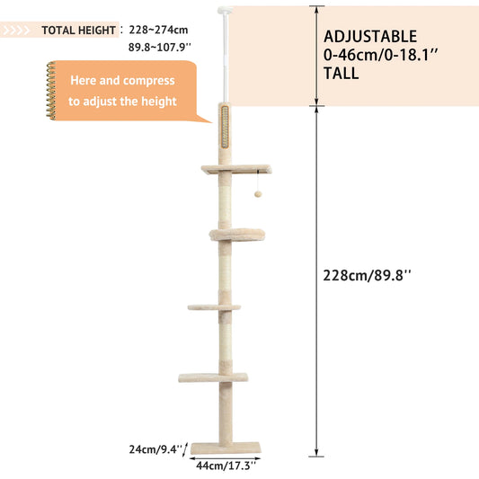 Adjustable 228-274cm Height Floor-to-Ceiling Vertical Cat Climbing Tree