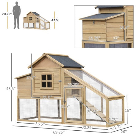 PawHut 69 Wooden Chicken Coop, Poultry Cage Hen House With Connecting Ramp, Removable Tray, Ventilated Window And Nesting Box, Natural