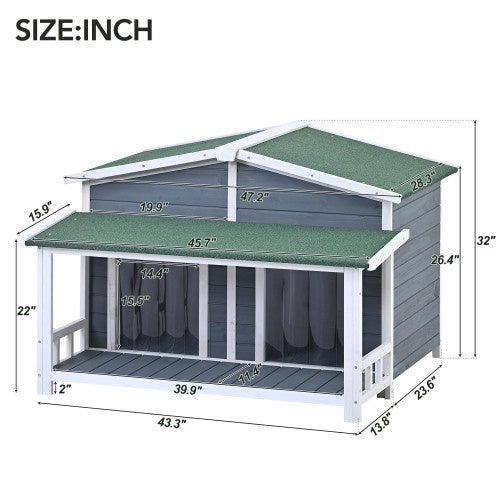 Large Wooden Dog House Outdoor With Porch, 2 Doors, Gray And Green