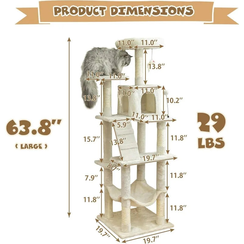 Multi-Level Cat Tree for Large Cats with Sisal-Covered Scratching Posts 63.8 inches