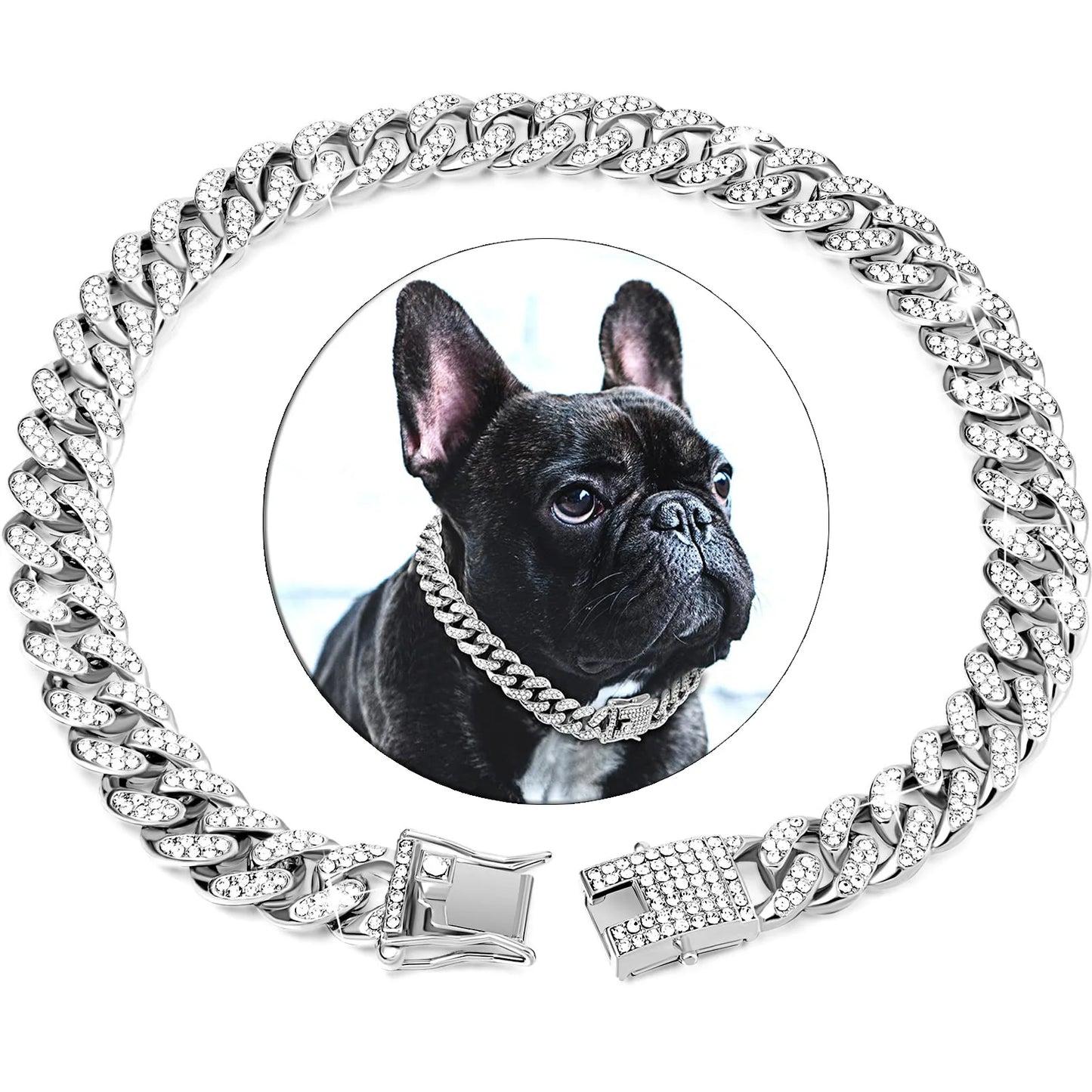 Fake Diamond Pet Metal Chain Collar with Design