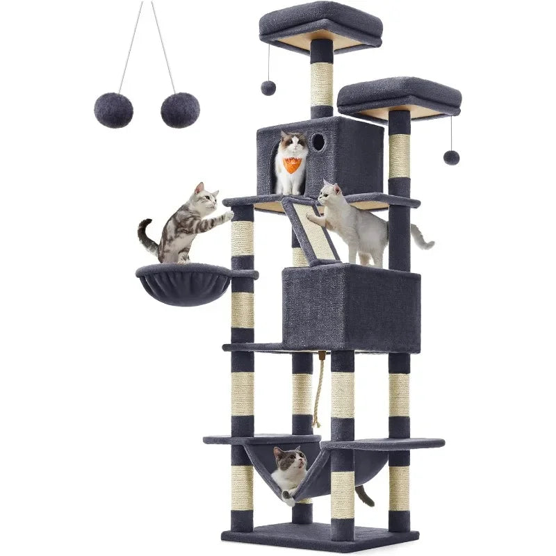 Cat Tree, 81.1-Inch Large Cat Tower with 13 Scratching Posts, 2 Perches, 2 Caves, Basket, Hammock, Pompoms