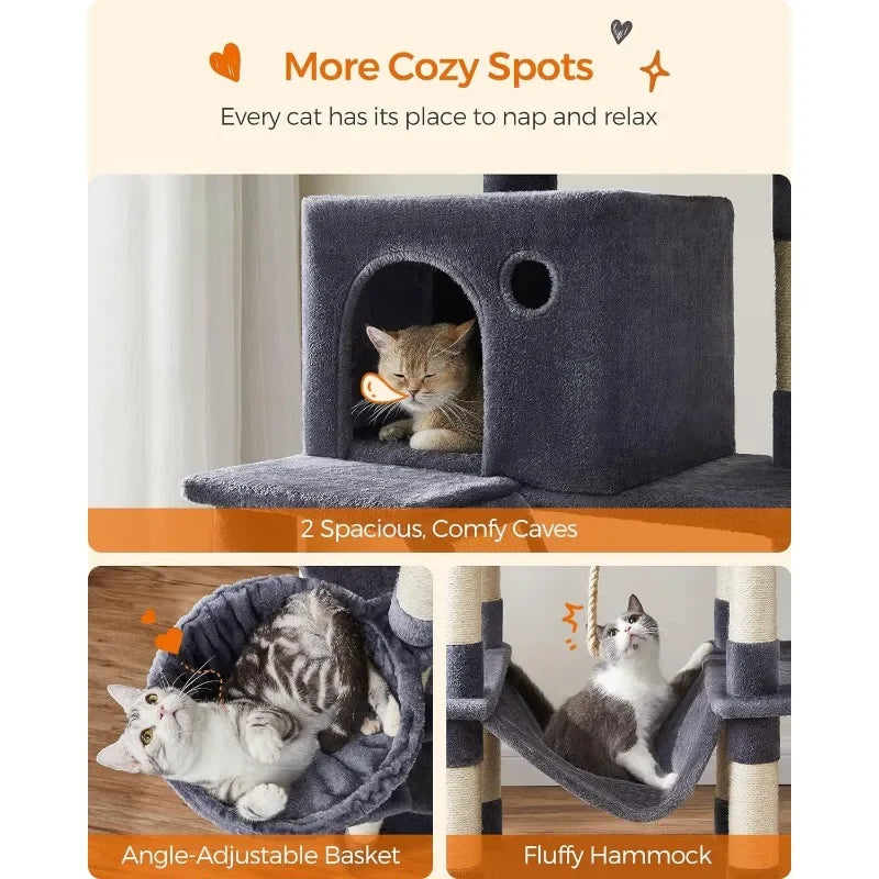 Cat Tree, 81.1-Inch Large Cat Tower with 13 Scratching Posts, 2 Perches, 2 Caves, Basket, Hammock, Pompoms