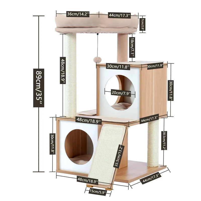 Modern Wooden Cat Tree Scratching Post Multi-Level Tower