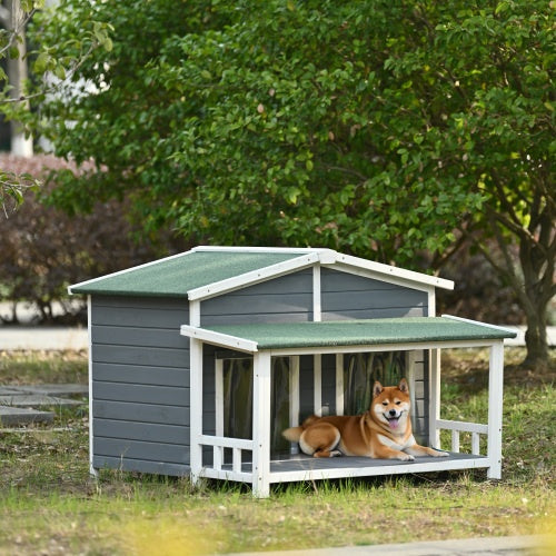 Large Wooden Dog House Outdoor With Porch, 2 Doors, Gray And Green