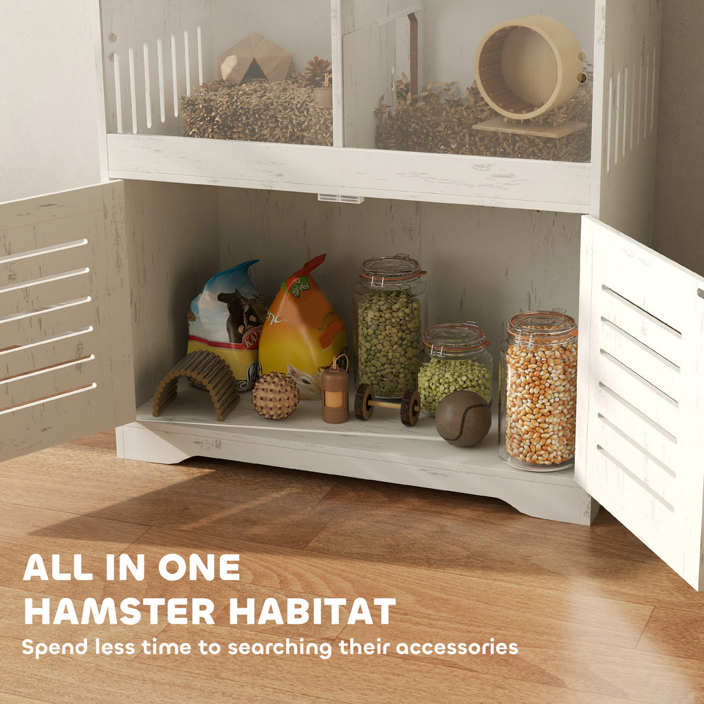 Large Hamster Cage with Storage Cabinet, Clear Transparent Panels, Cream White