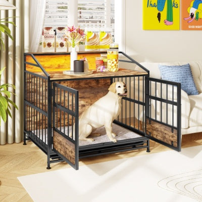 Multi-function Furniture Style Dog Crates With Storage, Dog Crate Furniture Large Wooden Dog Kennel With Double Doors, For Large Medium Dog Indoor, Brown