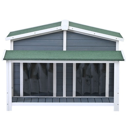 Large Wooden Dog House Outdoor With Porch, 2 Doors, Gray And Green