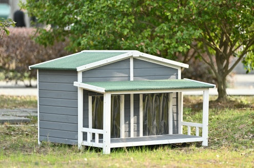 Large Wooden Dog House Outdoor With Porch, 2 Doors, Gray And Green