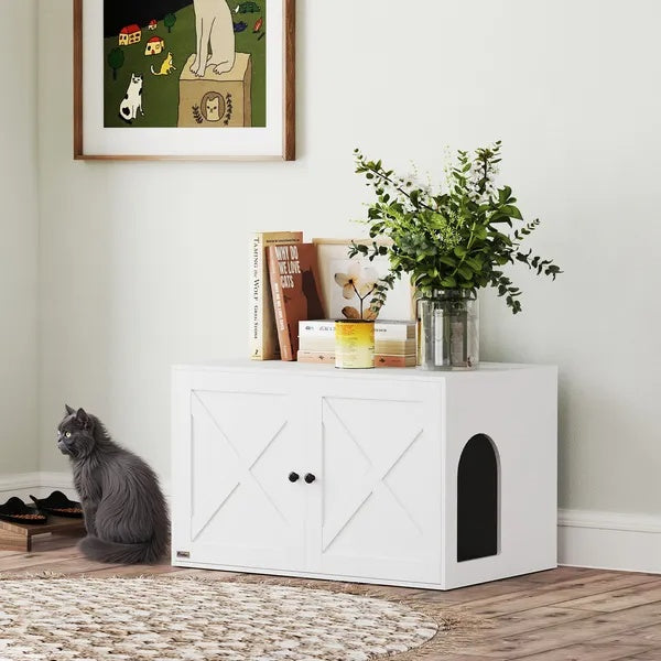 Cat Litter Box Enclosure with Barn Door, Cat Hole