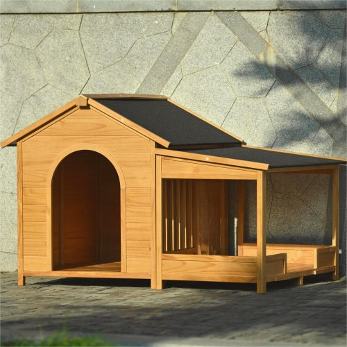 Large Wooden Dog House With Porch, Asphalt Roof and Elevated Floor