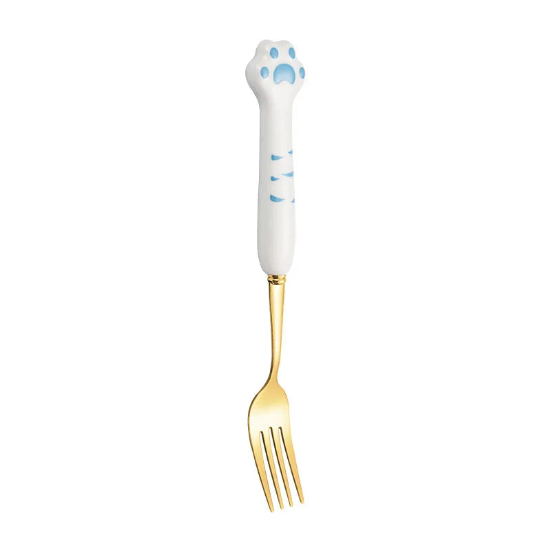 Stainless Steel Cute Cat Claw Ceramic Spoon and Fork